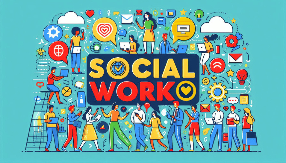 Vielen Menschen mit digitalen Endgeräten auf einem KI-generierten Bild unter dem Titel Social Work 493df6d1f0f88616f905c1826c13f9f13837f698